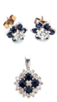 A 9K Gold Diamond and Sapphire Pendant with Matching Stud Earrings. 17mm pendant. 2.55g total