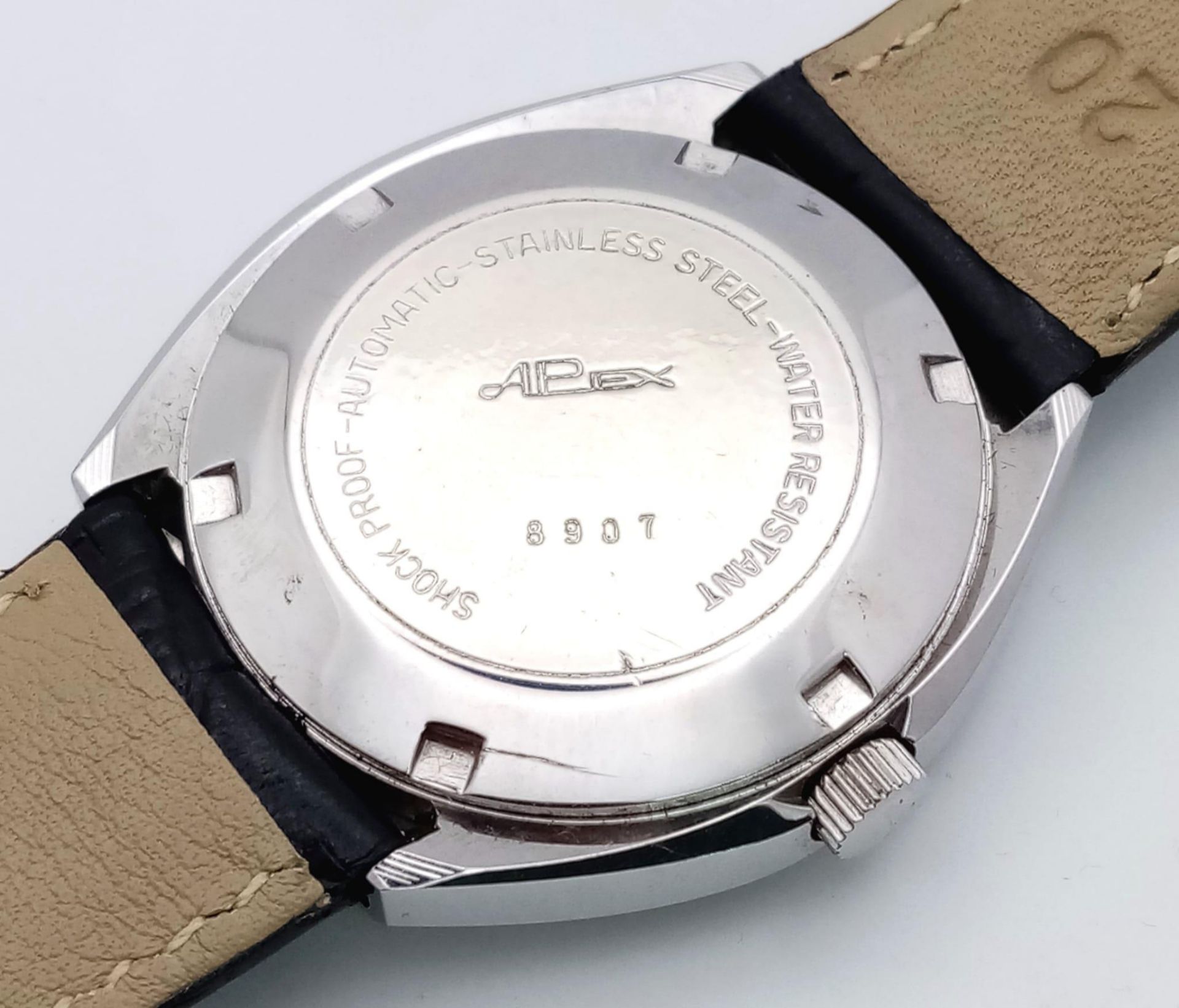 A Vintage Alpiex 25 Jewels Automatic Gents Watch. Blacl leather strap. Stainless steel case - - Bild 4 aus 5
