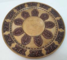 VINTAGE INDIAN BRASS WITH COPPER INLAY TRAY FEATURING MANY HINDU GODS . 50cms DIAMETER