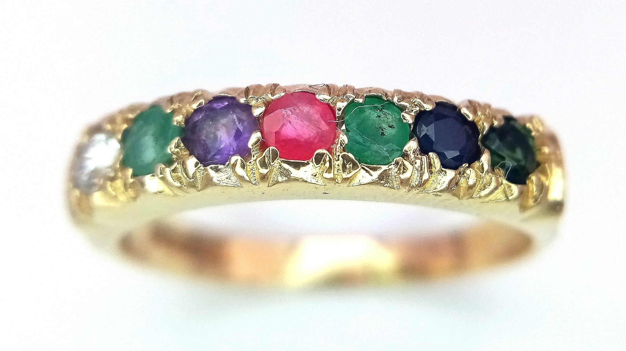 A PRETTY 9K YELLOW GOLD MULTI GEMSTONES SET DEAREST RING, WEIGHT 2.9G SIZE S - Image 2 of 11