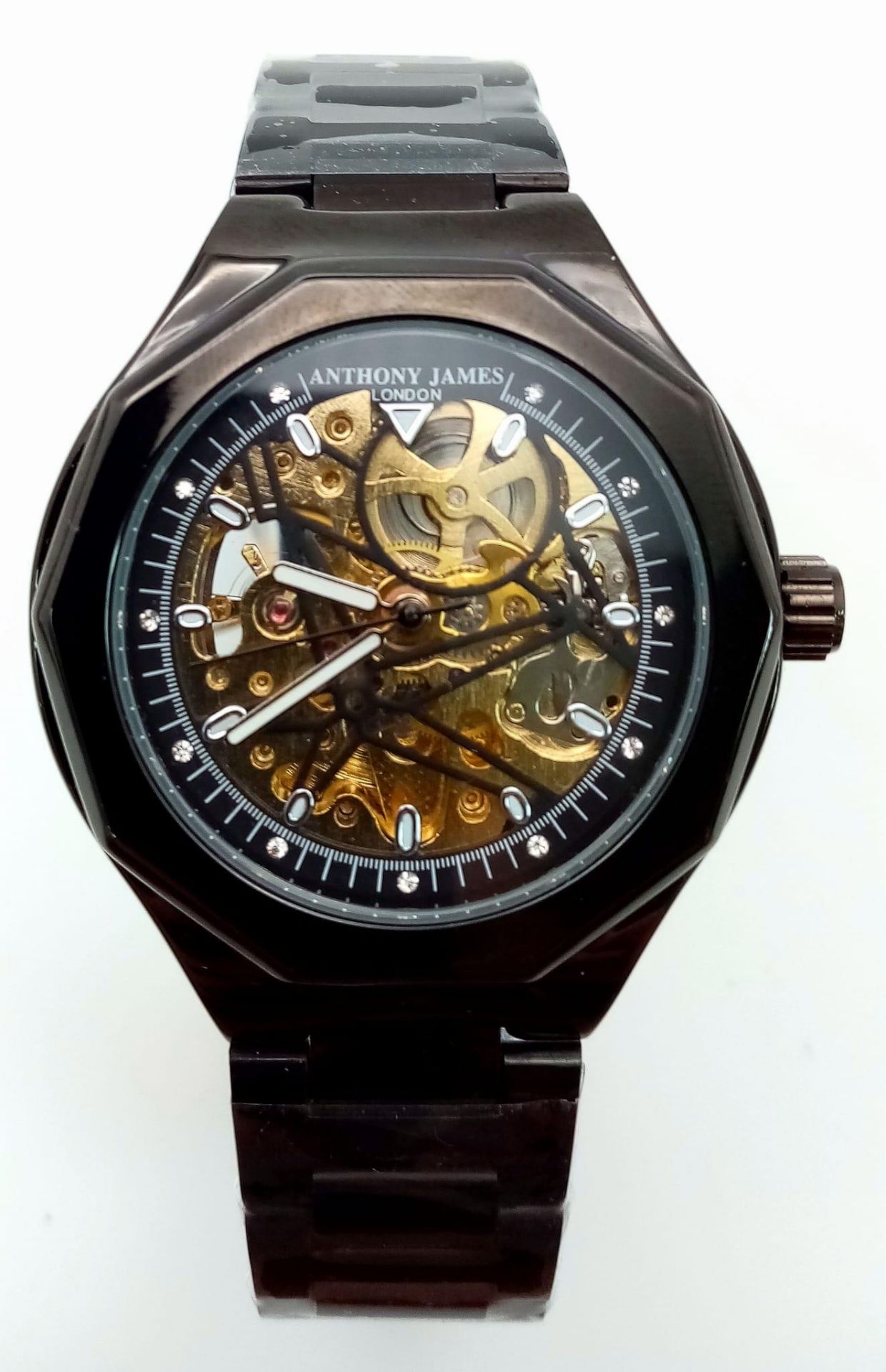 An Anthony James of London Automatic Skeleton Gents Watch. Black ceramic bracelet and case - 42mm.