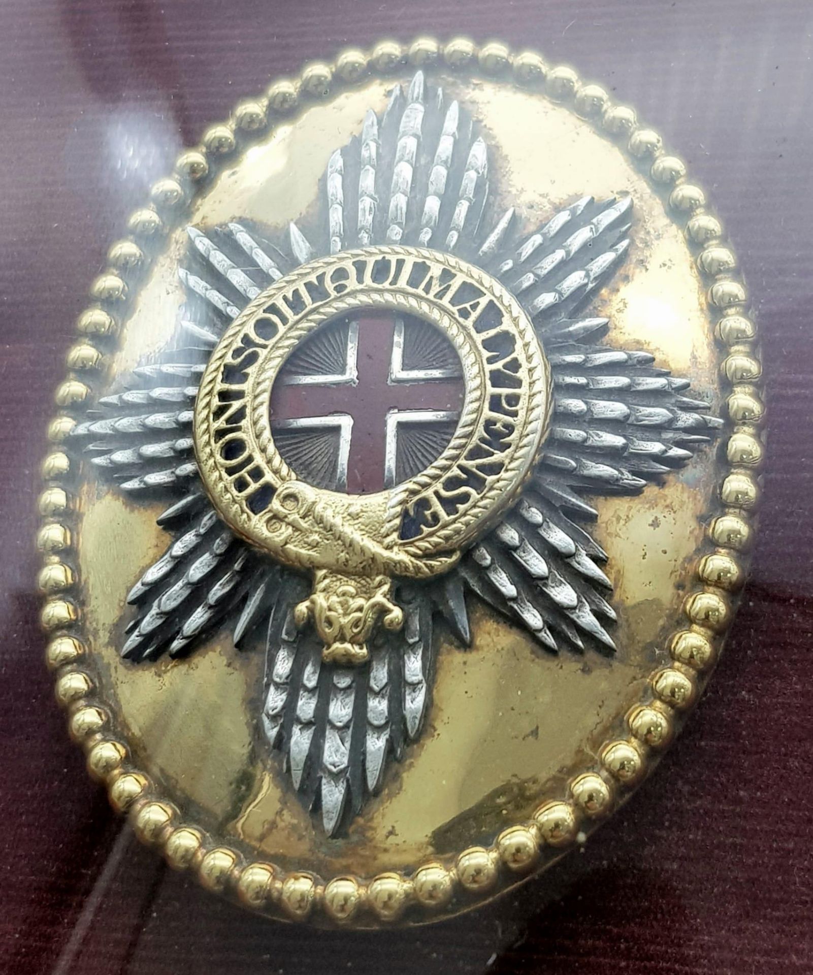 Framed Georgian Coldstream Guards Officers shoulder belt plate, with solid silver fittings on a - Image 3 of 6