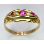 AN ANTIQUE 18K YELLOW GOLD DIAMOND & RUBY RING, WEIGHT 2.3G SIZE P
