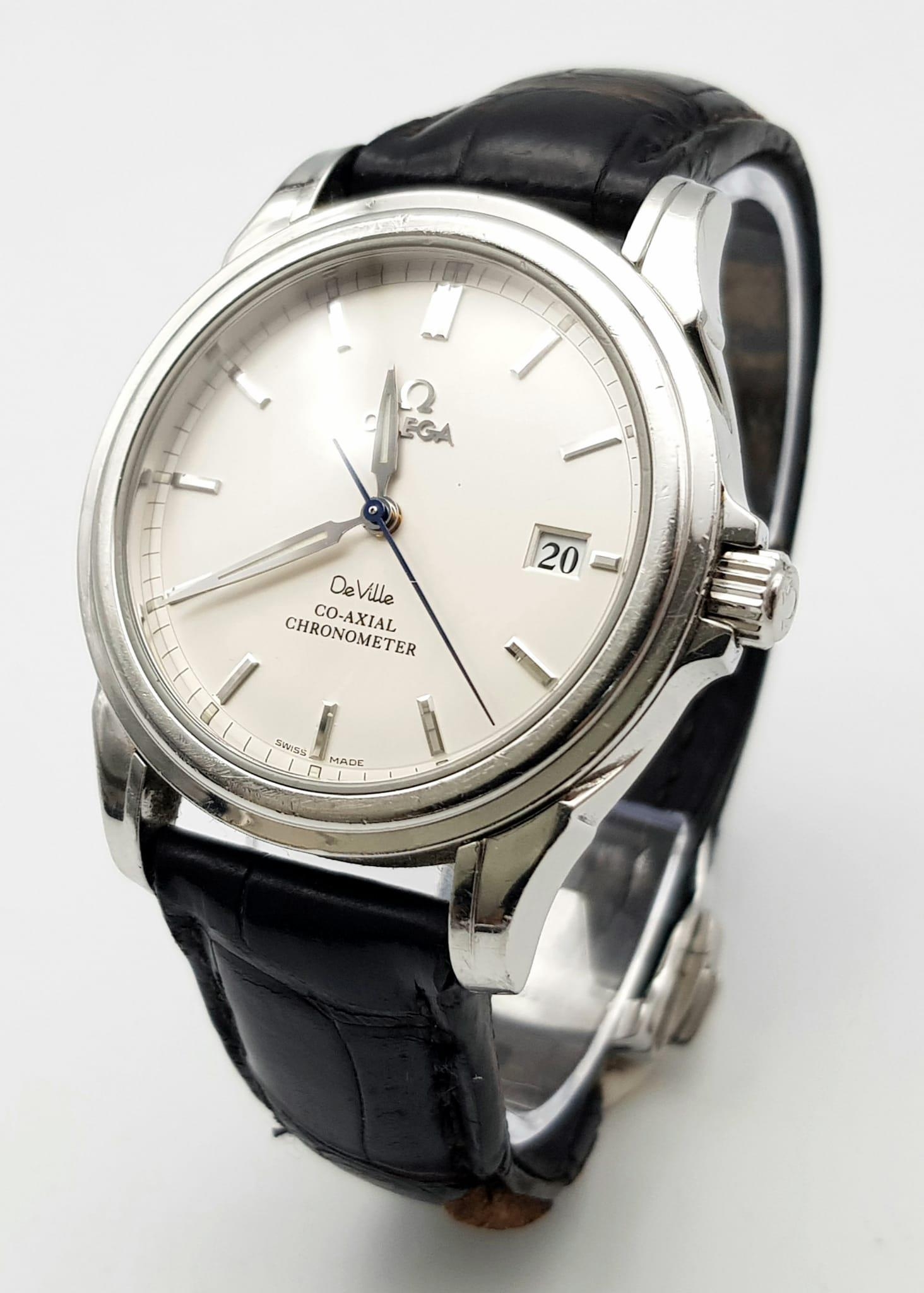 OMEGA DE VILLE CO AXIAL CHRONOMETER STAINLESS STEEL WATCH, WHITE FACE AND DIALS WITH BLACK LEATHER - Image 2 of 6