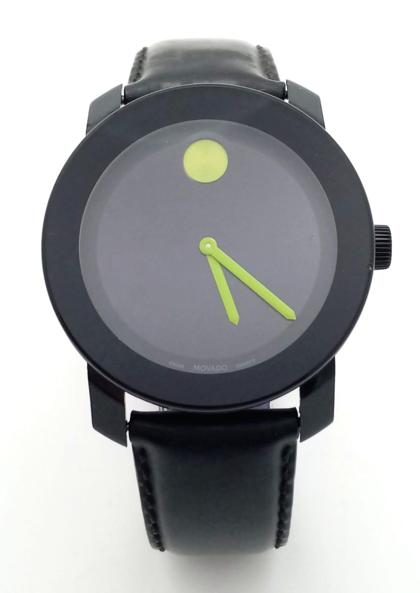 A Movado Bold Quartz Gents Watch. Black leather strap. Stainless steel and ceramic case - 43mm. - Image 2 of 5