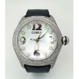 A Corum Boutique Diamond Ladies Watch. Black leather strap. Stainless steel diamond encrusted