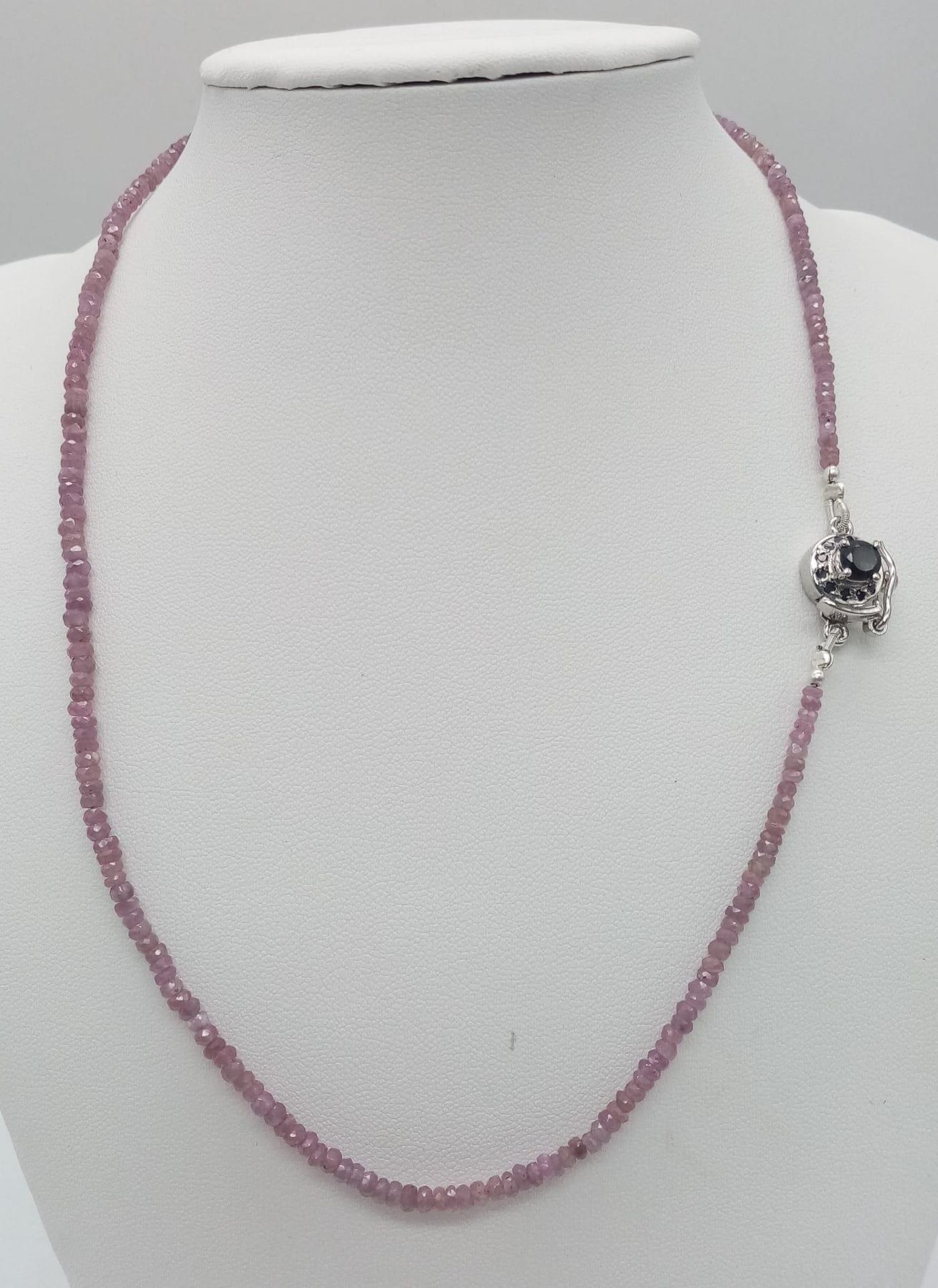 A Single Strand Pink Sapphire Necklace with Ruby and 925 Silver Clasp. 42cm length. - Image 2 of 4