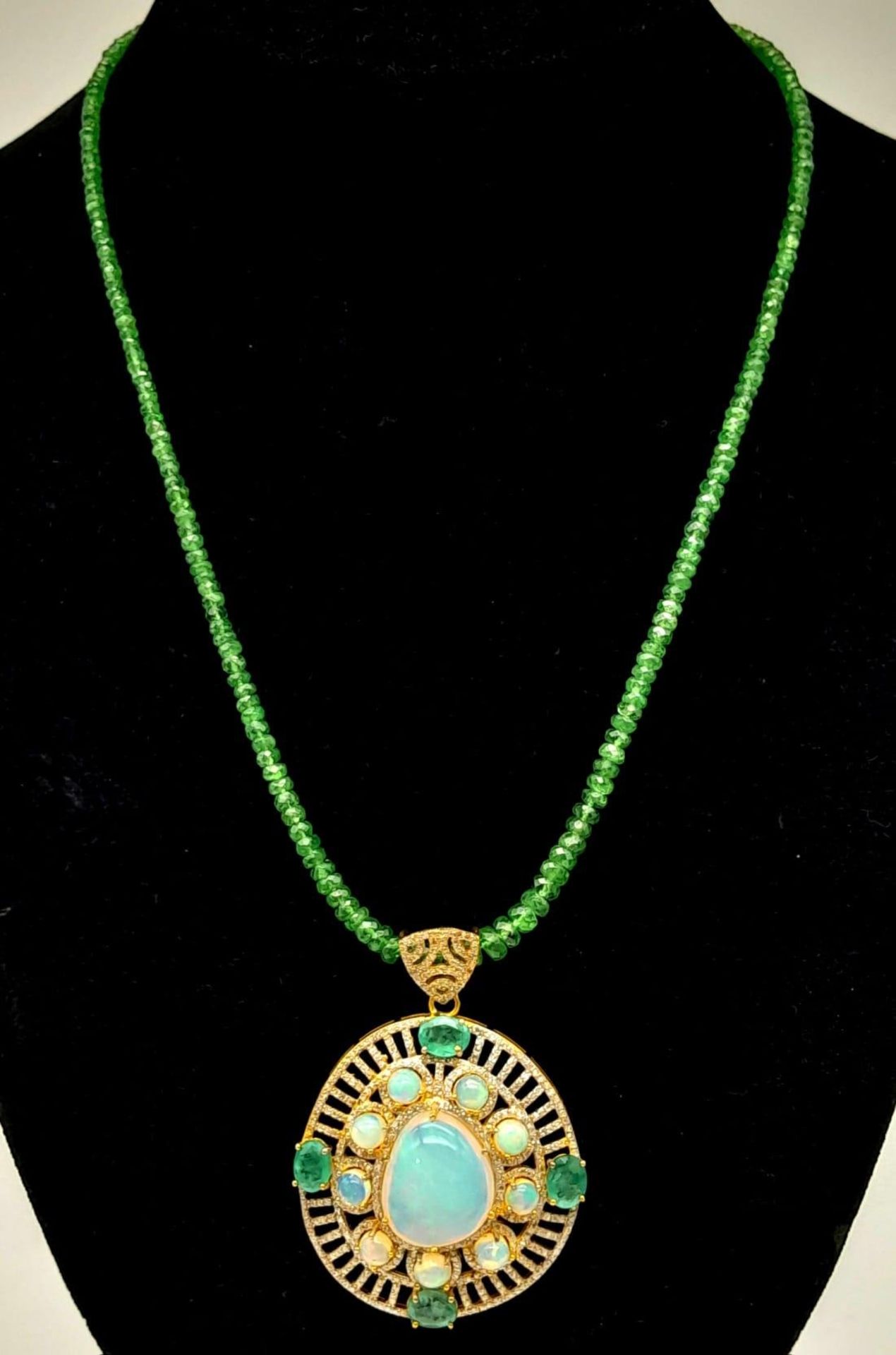 A Fancy Opal, Diamond and Emerald Pendant with a Detachable Green Garnet Necklace. Centre opal - Image 2 of 9