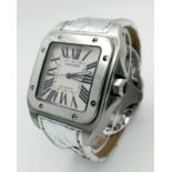 Stainless Steel Cartier Santos 100 Men's Watch with dazzling silver leather strap. 40mm, water