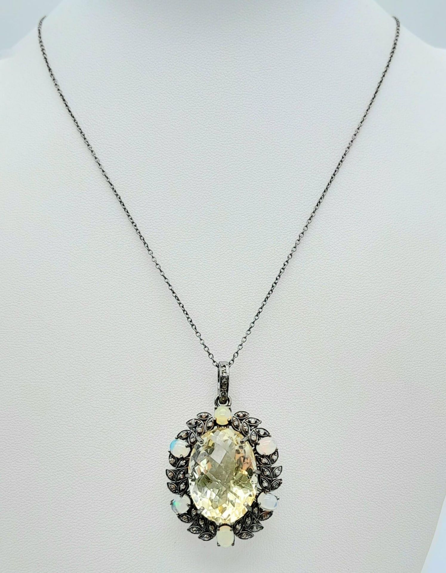 A Citrine Pendant with Opal and Diamond Surround on 925 Silver Chain.22ct citrine, 1.30ctw opals, - Image 2 of 6