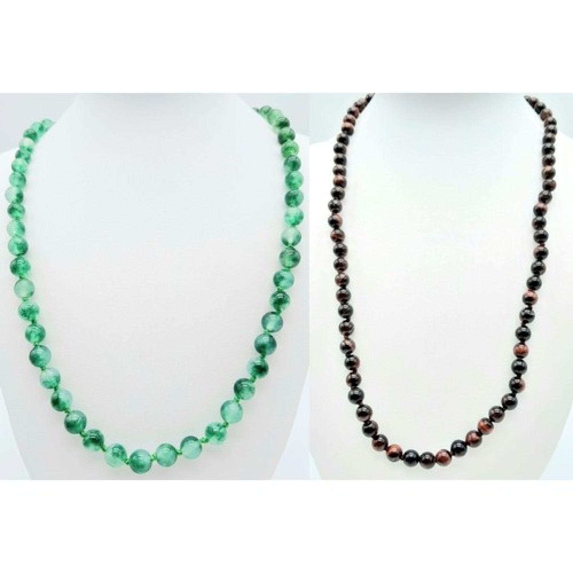 Duo of Beaded Necklaces. One Jade Green stone and one Iridescent Black/Orange stone. Both