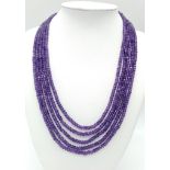 A 270ctw, Five-Row Amethyst Gemstone Necklace, with 925 Silver Clasp. 36cm - 40cm. 55g total weight.