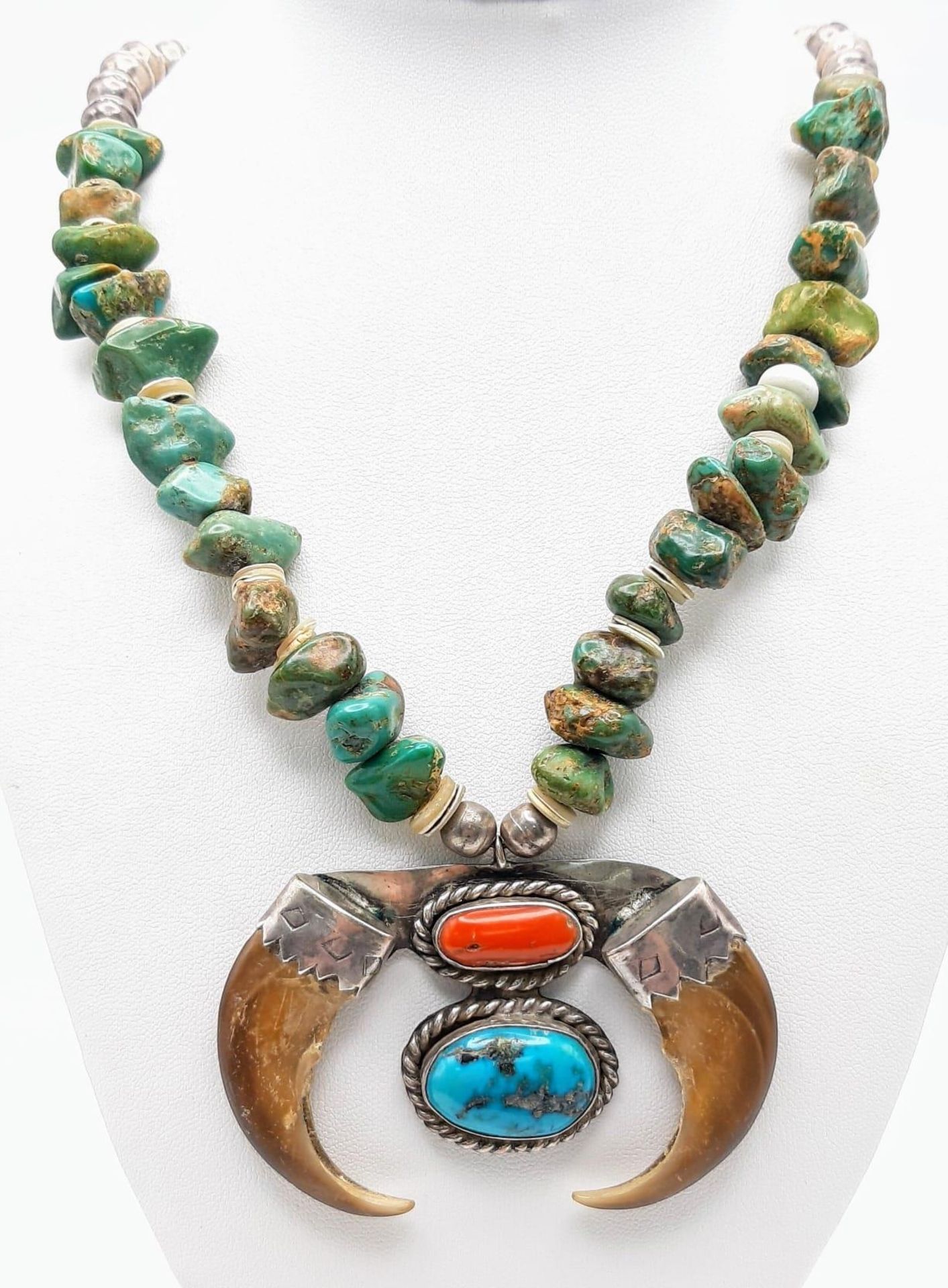 A Vintage Native American Indian Silver and Kingman Turquoise Necklace - with Grizzly Bear claws,