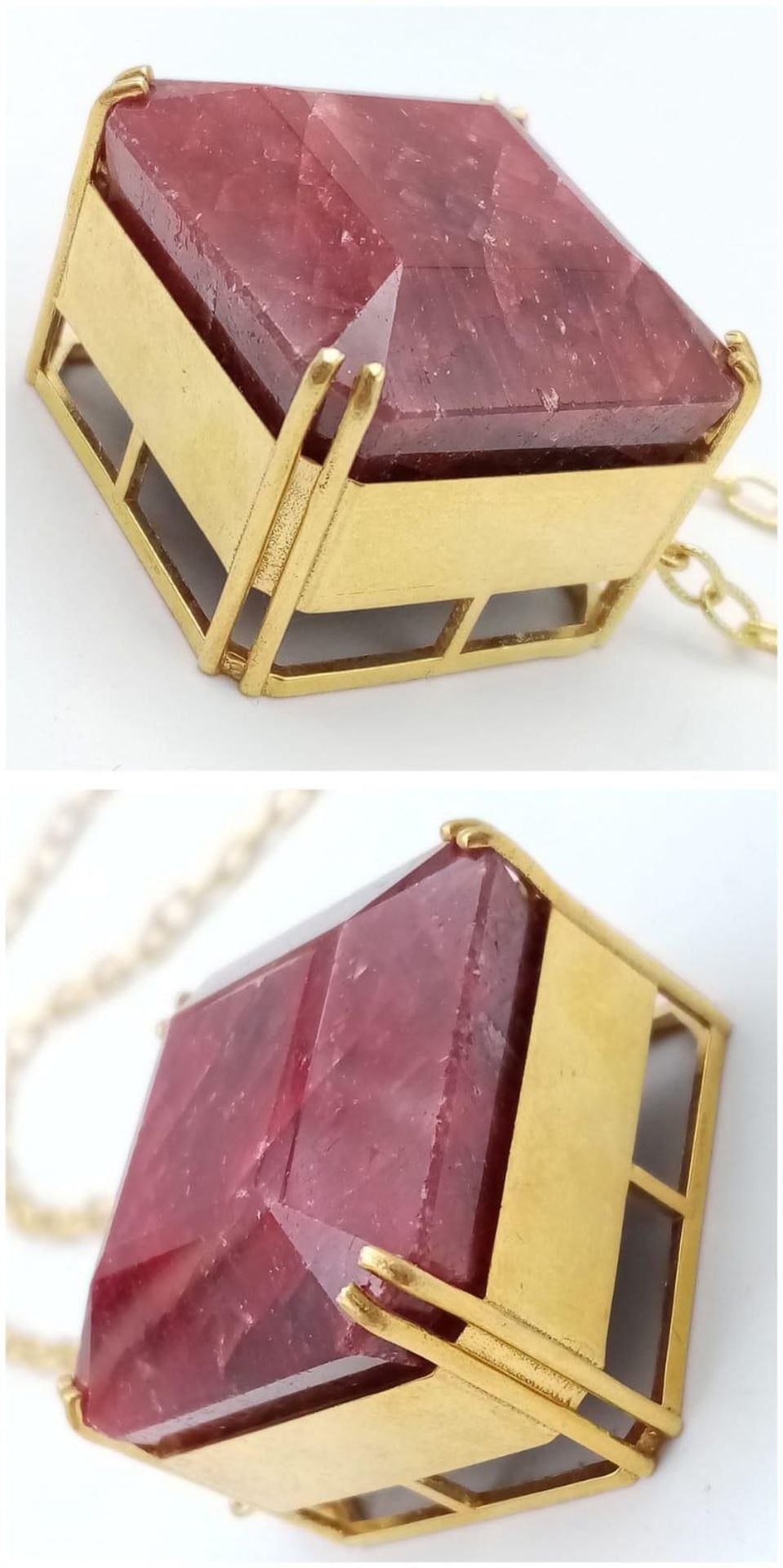 A Square-Cut 237ct Ruby Pendant in Gold Plated 925 Silver on a Gold Plated 925 Chain. Pendant 3cm - Image 3 of 9