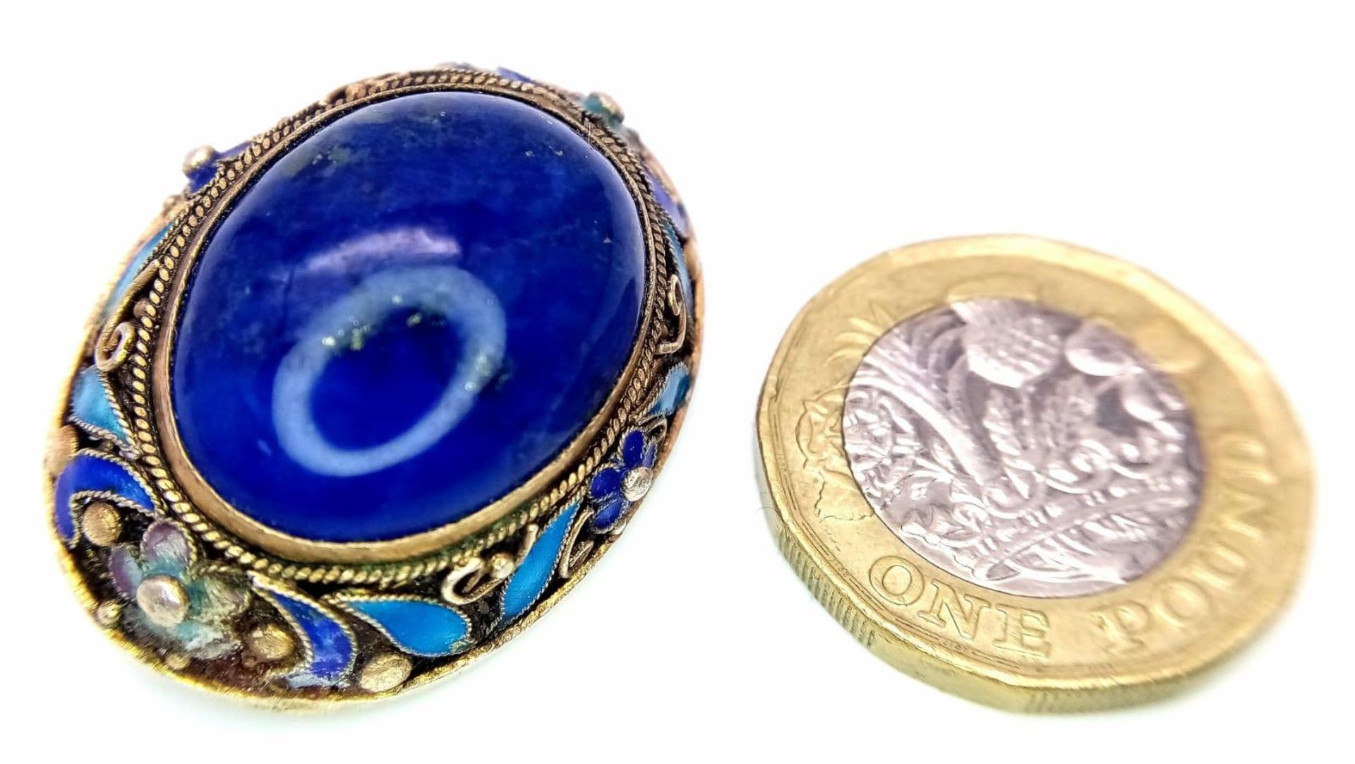 Two Vintage Silver Jewellery Pieces - Lapis and enamel brooch - 3.5cm and a Citrine cluster ring - - Bild 5 aus 8