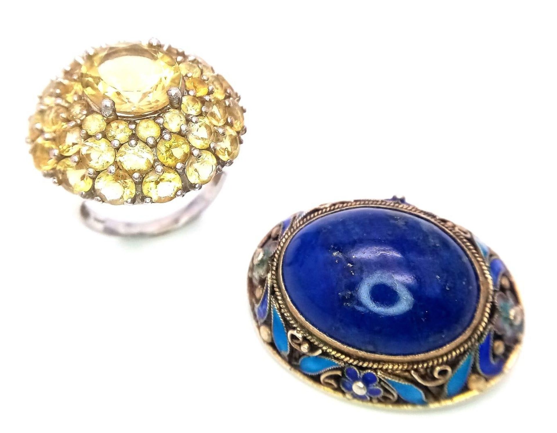 Two Vintage Silver Jewellery Pieces - Lapis and enamel brooch - 3.5cm and a Citrine cluster ring -