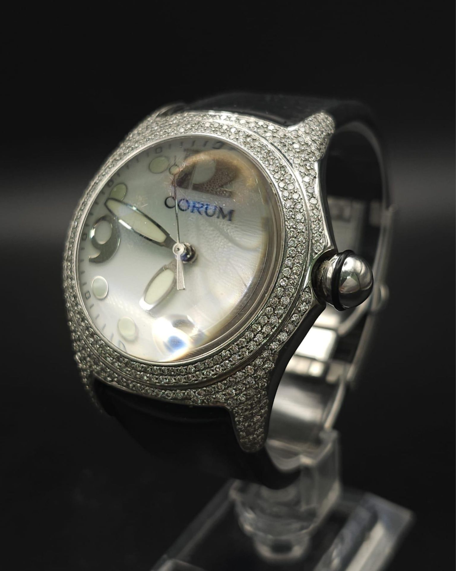A Corum Boutique Diamond Ladies Watch. Black leather strap. Stainless steel diamond encrusted - Image 6 of 10