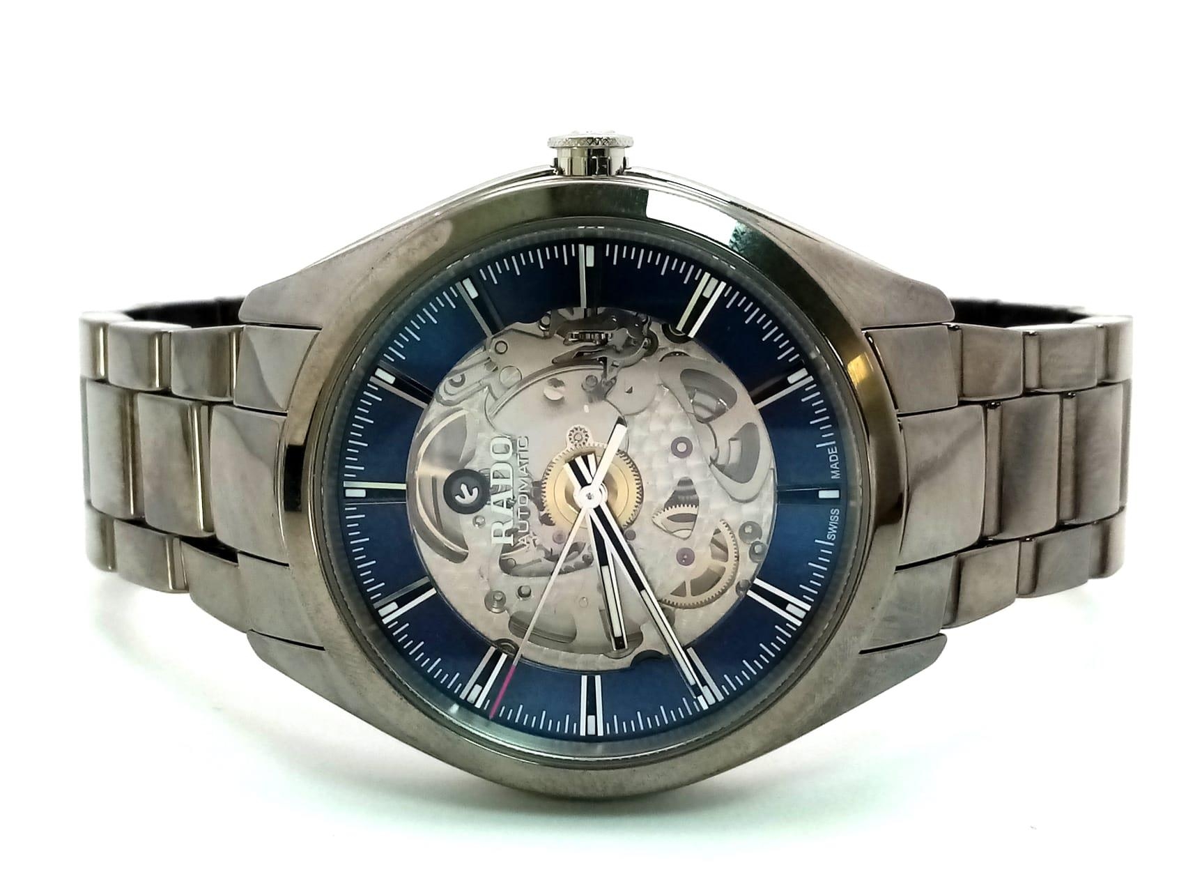 A Stylish Rado Automatic Skeleton Gents Watch. Stainless steel strap and case - 42mm. Outer blue and - Image 3 of 8