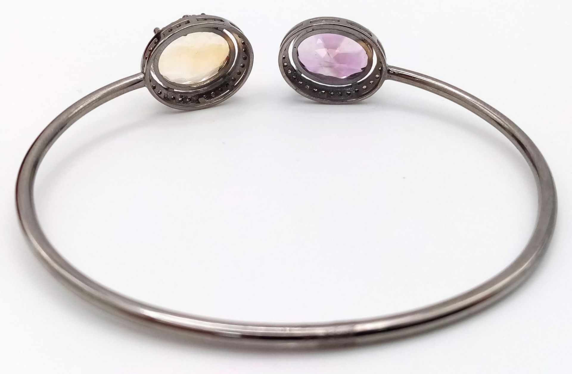 A Citrine, Amethyst & Diamond 925 Silver Crossover Design Bangle. Diamonds- 0.80ctw. Amethyst - 5. - Image 2 of 4