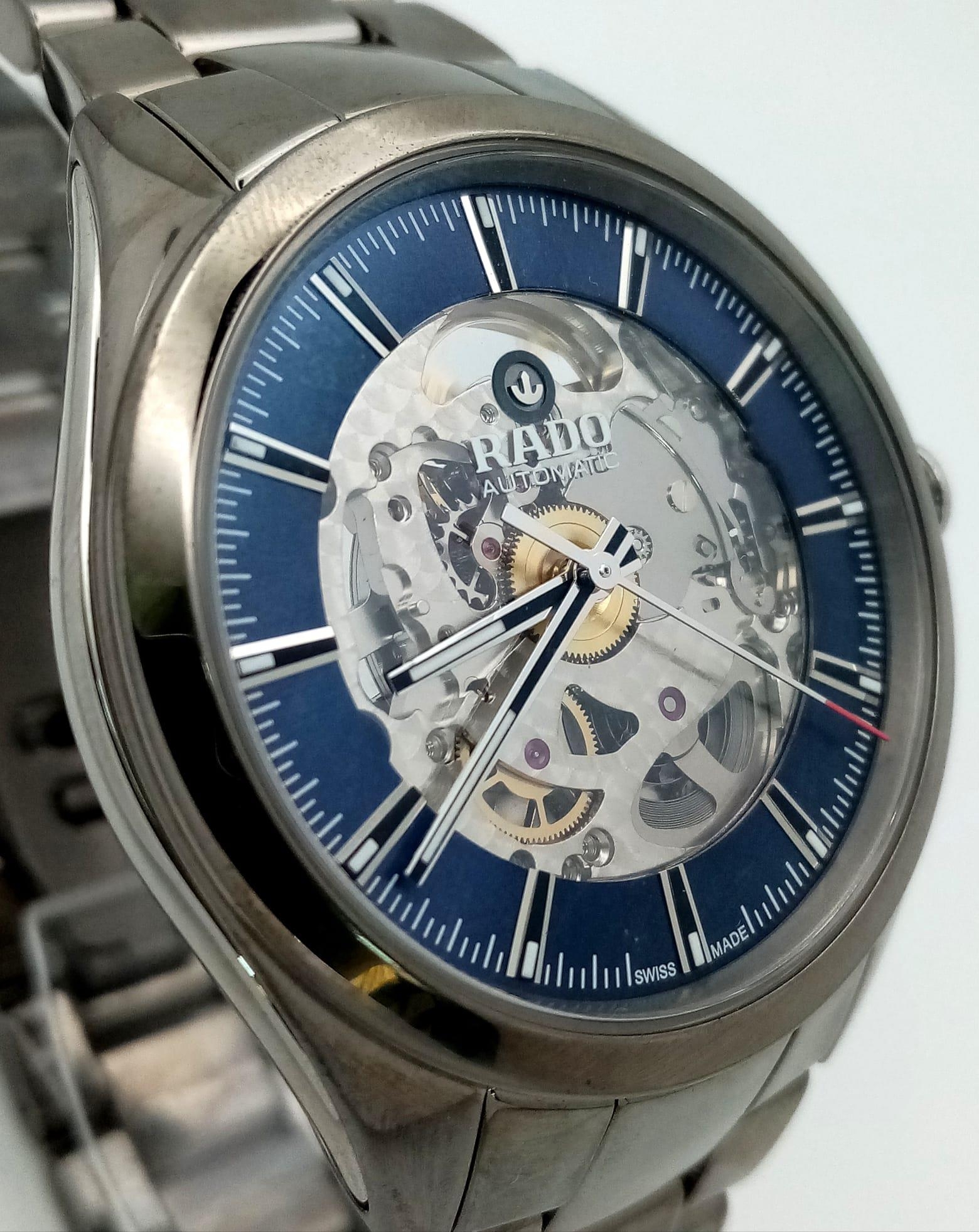 A Stylish Rado Automatic Skeleton Gents Watch. Stainless steel strap and case - 42mm. Outer blue and - Image 4 of 8