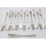 Thirteen Antique Sterling Silver Dining Forks. 20cm. 980g weight. Hallmarks for London 1924