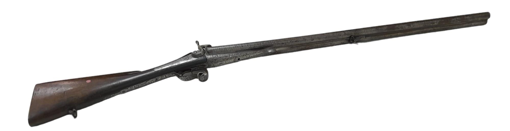 A 16 BORE PIN FIRE ANTIQUE SIDE BY SIDE DOUBLE BARRELED SHOTGUN WITH PATTERNED METALWORK a/f - Image 4 of 12