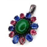 An Emerald Silver Pendant with Rubies & Kyanites. Oval cut Emeralds set in 925 Sterling silver. 13.