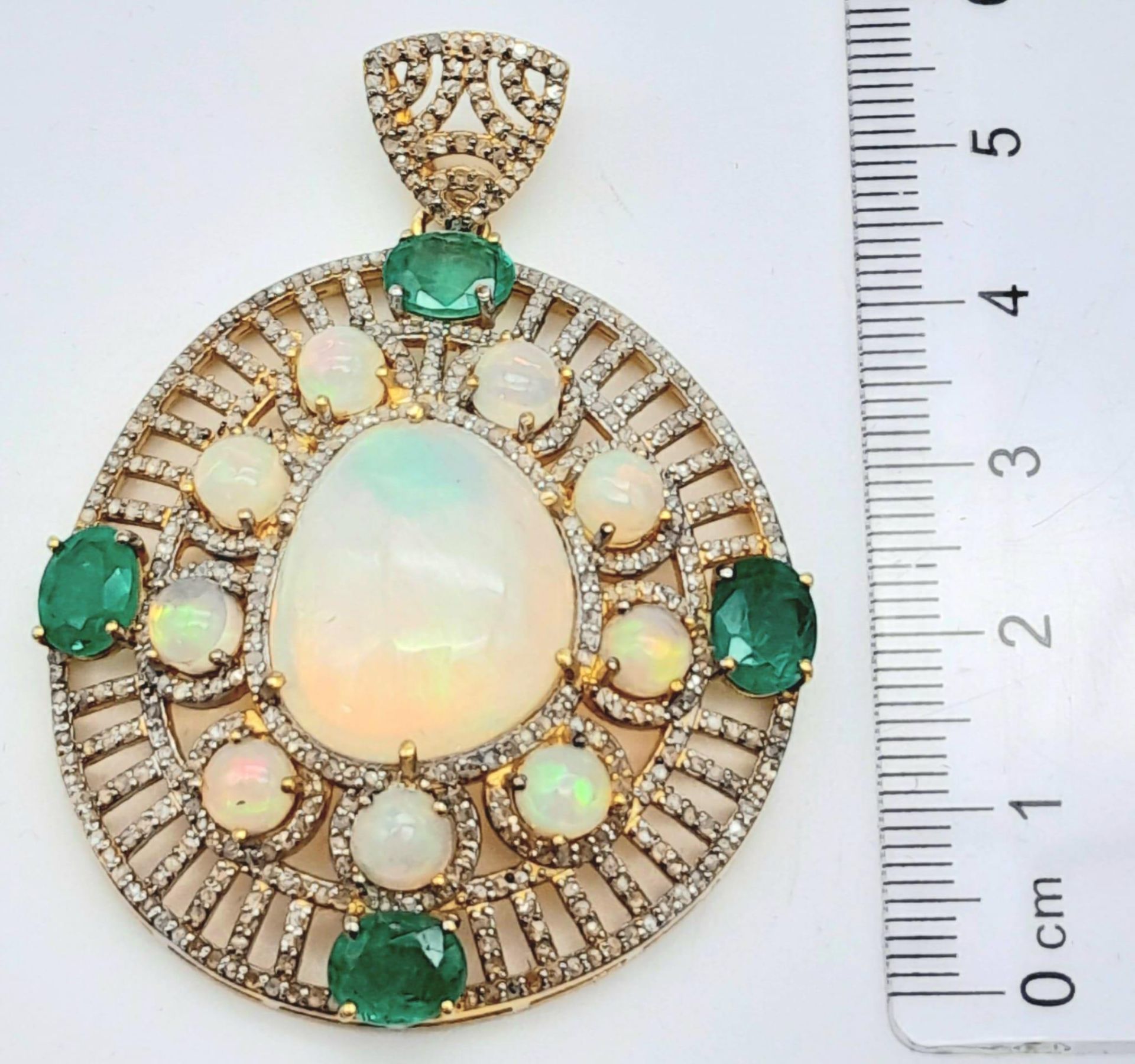 A Fancy Opal, Diamond and Emerald Pendant with a Detachable Green Garnet Necklace. Centre opal - Image 6 of 9