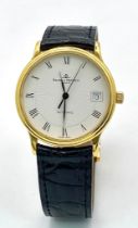 A Baume and Mercier 18K Gold Cased Automatic Gents Watch. Model - MV045075. Black leather strap. 18k