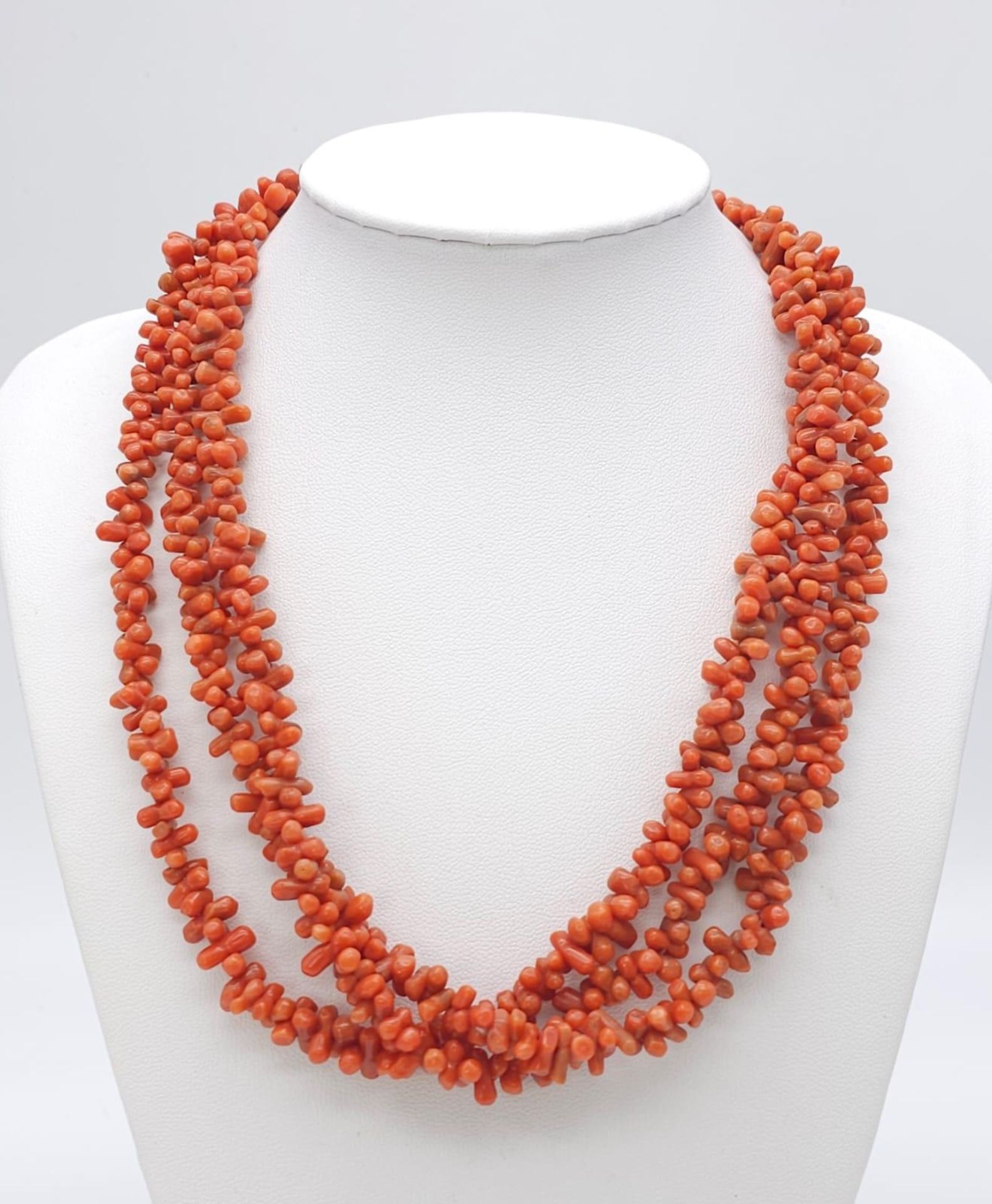 Three Strand Orange Coral Necklace. Measuring 42cm in length, this bold necklace is a bright - Image 5 of 5