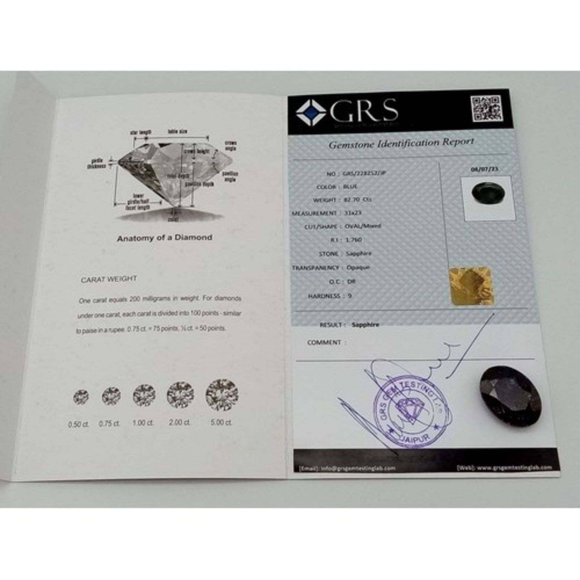 82.70 Ct, Oval/Mixed cut Blue SAPPHIRE with GRS Identification Report. Size: 31mmx23mm - Image 4 of 4