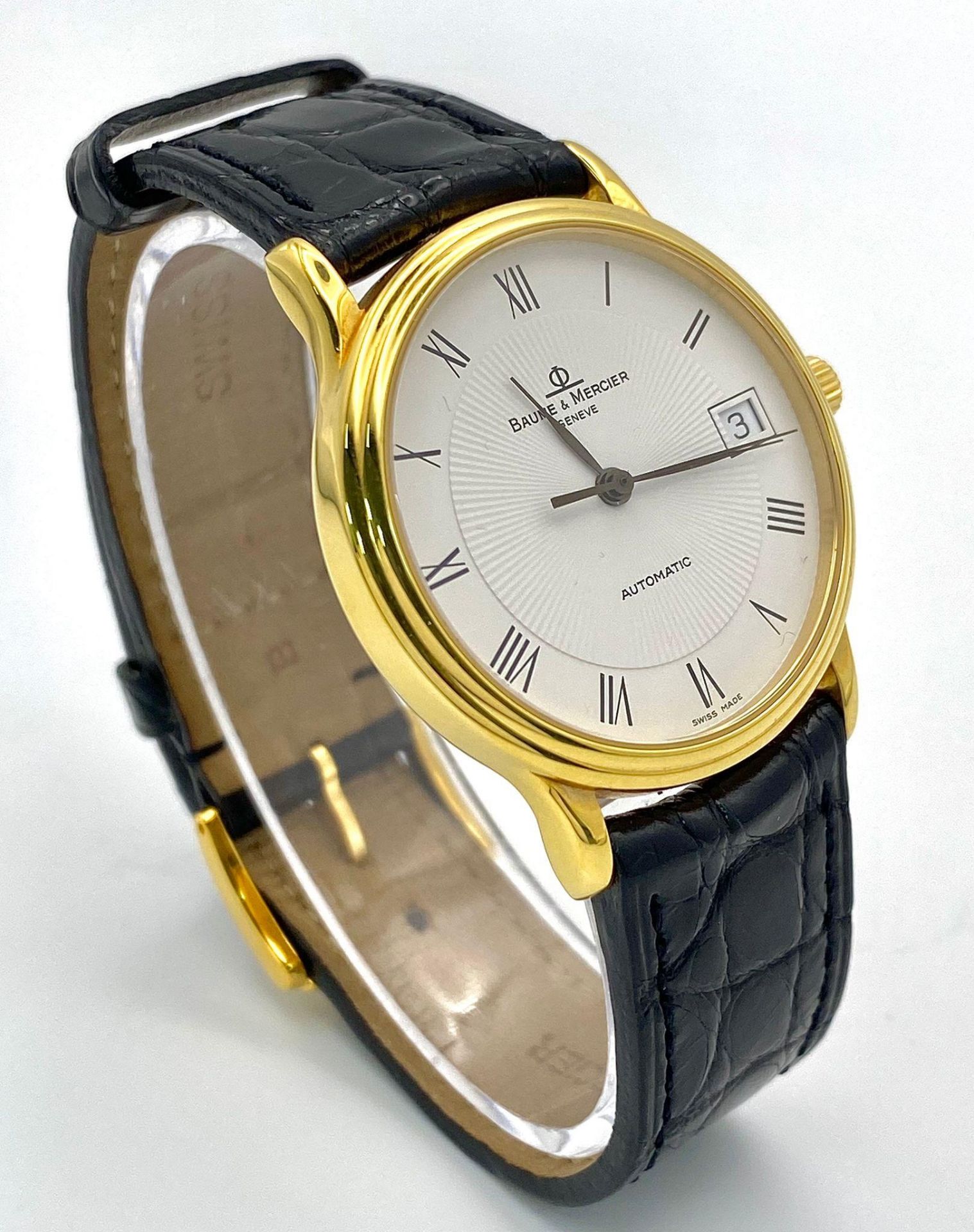 A Baume and Mercier 18K Gold Cased Automatic Gents Watch. Model - MV045075. Black leather strap. 18k - Image 3 of 11