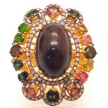 A 15ct Black Opal Ring with Multi-Coloured Tourmaline and Diamond Accents. Set in gilded 925 Silver.