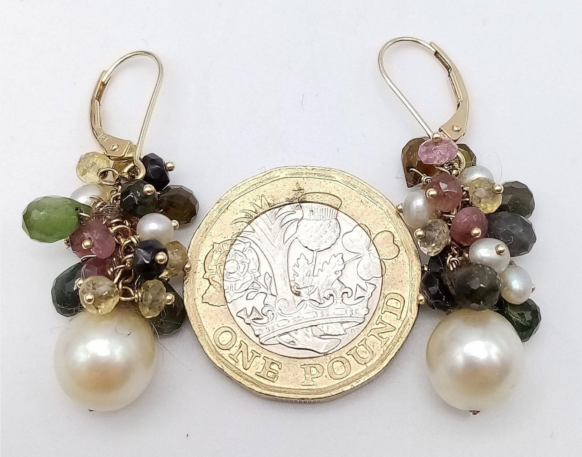 A Pair of 14K Gold Pearl and Gemstone Cluster Earrings. 3cm drop. 7.82g total weight. - Image 2 of 3