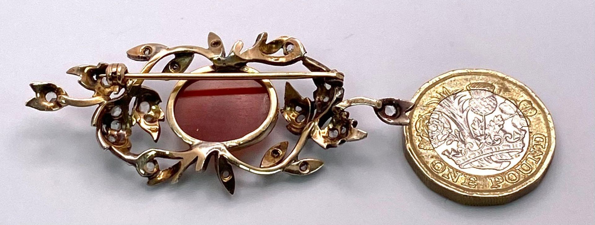 Beautiful Antique, Mid-Carat Gold Brooch with set Diamond and Carnelian Centre Stone. Measures 5cm - Image 3 of 3