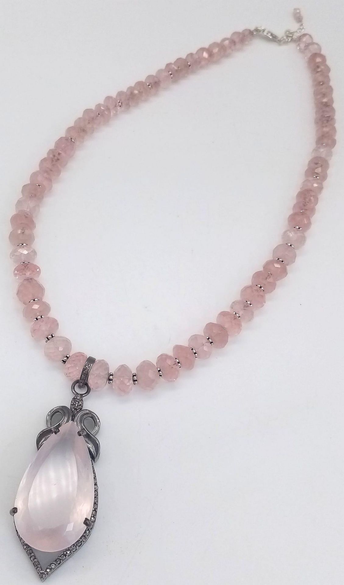 Rose Quartz Gemstone Necklace with Pendant with Diamonds on 925 Silver, The Pendant Comes with - Bild 2 aus 6
