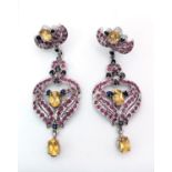 A Pair of Ruby, Sapphire and Citrine Drop Earrings set in 925 Sterling silver. 21ctw. W-19.5g. 6cm