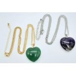 Two Gemstone Heart Pendants on Silver and Gold-Tone Necklaces. Amethyst and Aventurine. Pendants 3.