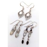 A set of 3 pairs of sterling silver stone set earrings: Moonstone, Opal and black Onyx. Total weight