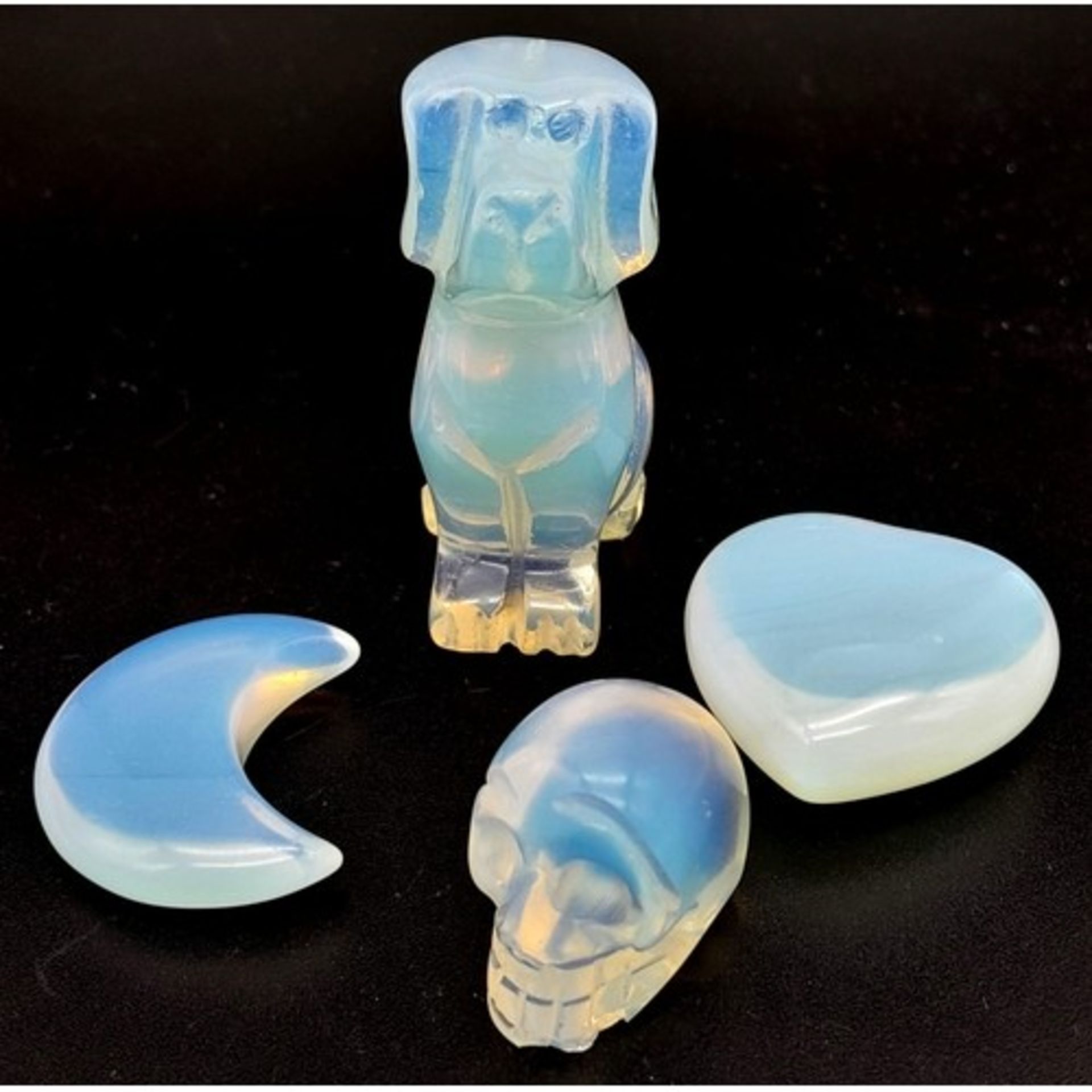 Parcel of 4 Opalite Figurines Featuring a Dog, Skull, Heart & Moon.