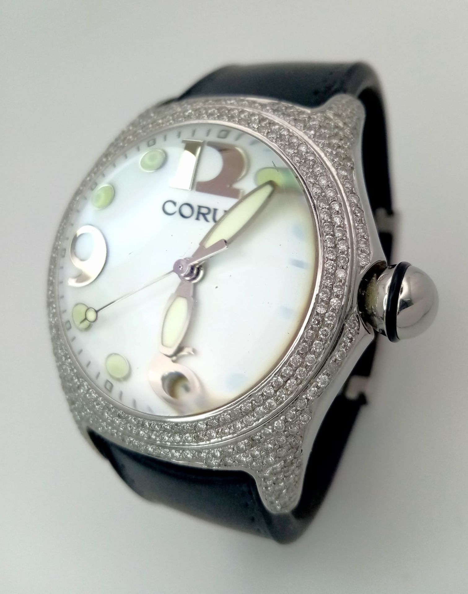 A Corum Boutique Diamond Ladies Watch. Black leather strap. Stainless steel diamond encrusted - Image 2 of 10