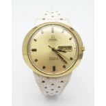 A VINTAGE OMEGA "DYNAMIC" AUTOMATIC WITH GOLDTONE DIAL AND DATE BOX ... A FUTURISTIC DESIGN FROM