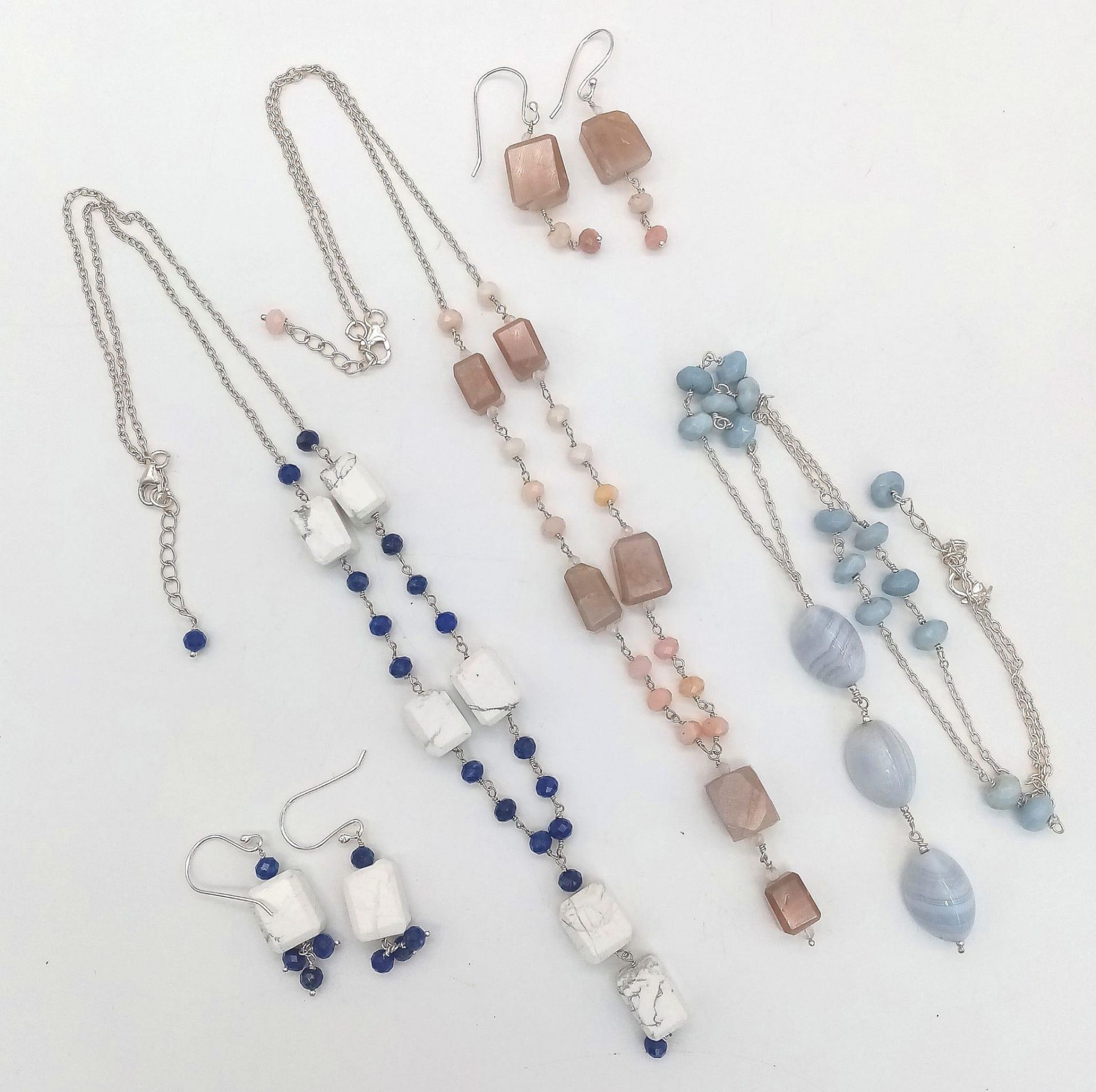 A Collection of 3 Necklaces: Blue Chalcedony, Lapis and Agate and A Pink Agate gemstone Necklace -