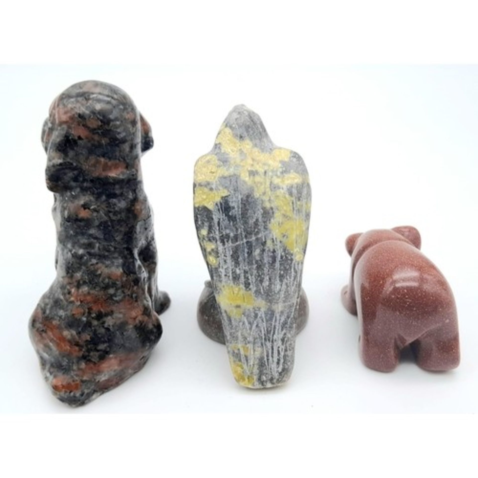 A trio of Stone Carved Animals. Featuring a Eagle, Dog and Bear. Various sizes, ranging within a - Image 2 of 5