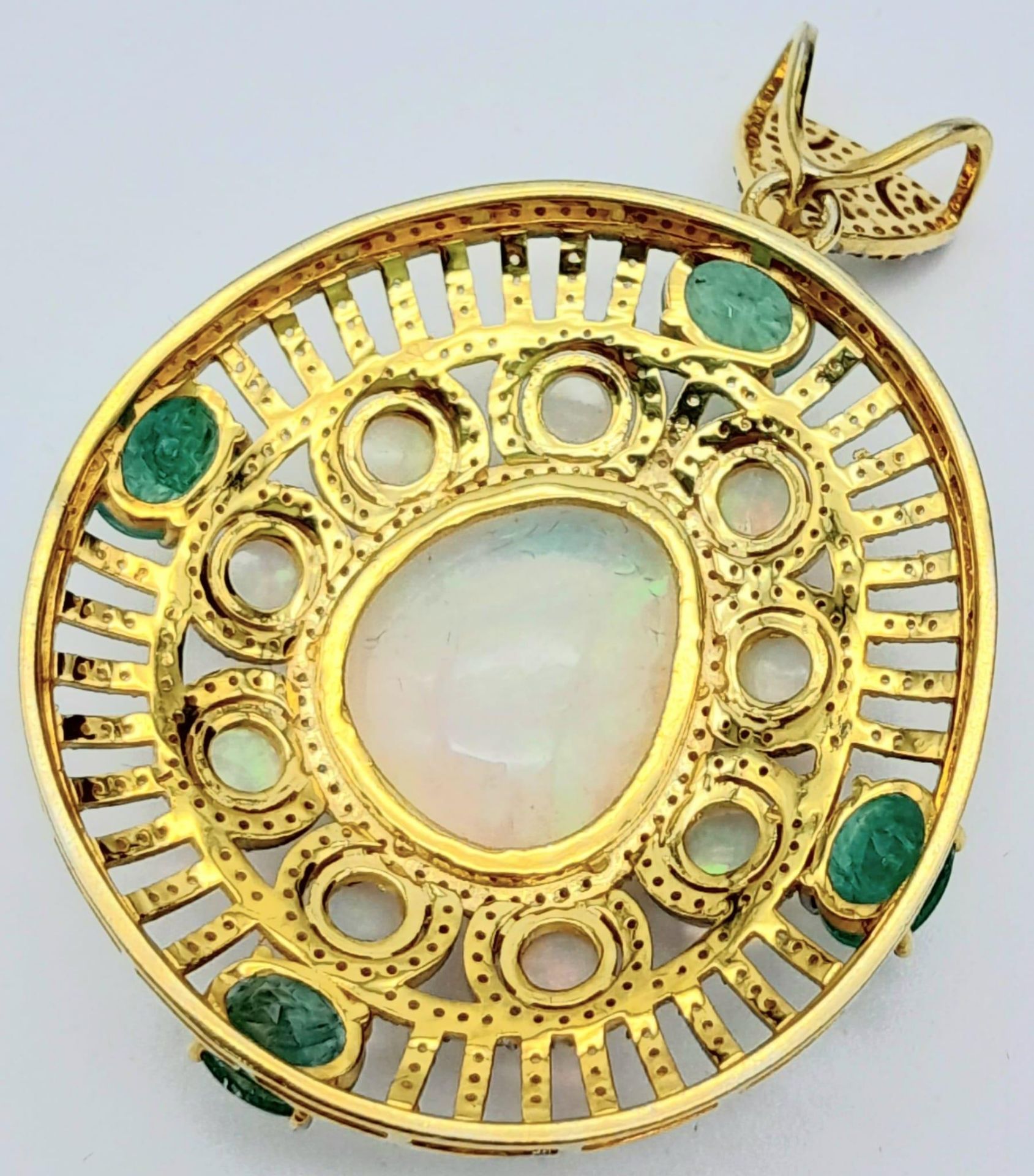 A Fancy Opal, Diamond and Emerald Pendant with a Detachable Green Garnet Necklace. Centre opal - Image 5 of 9