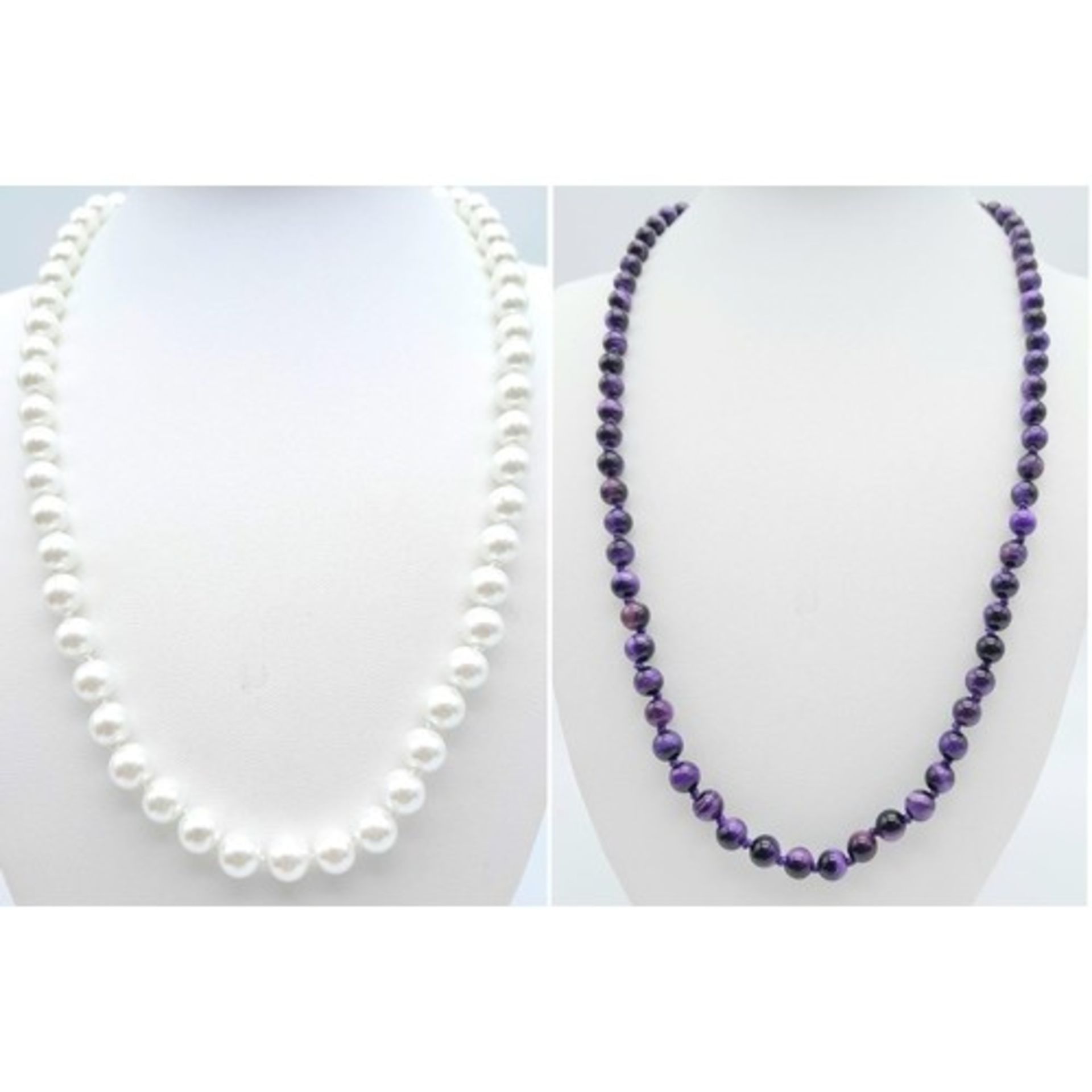 Duo of Beaded Stone Necklaces. One Pearlescent White (48cm) and one Iridescent Black/Purple Stone (