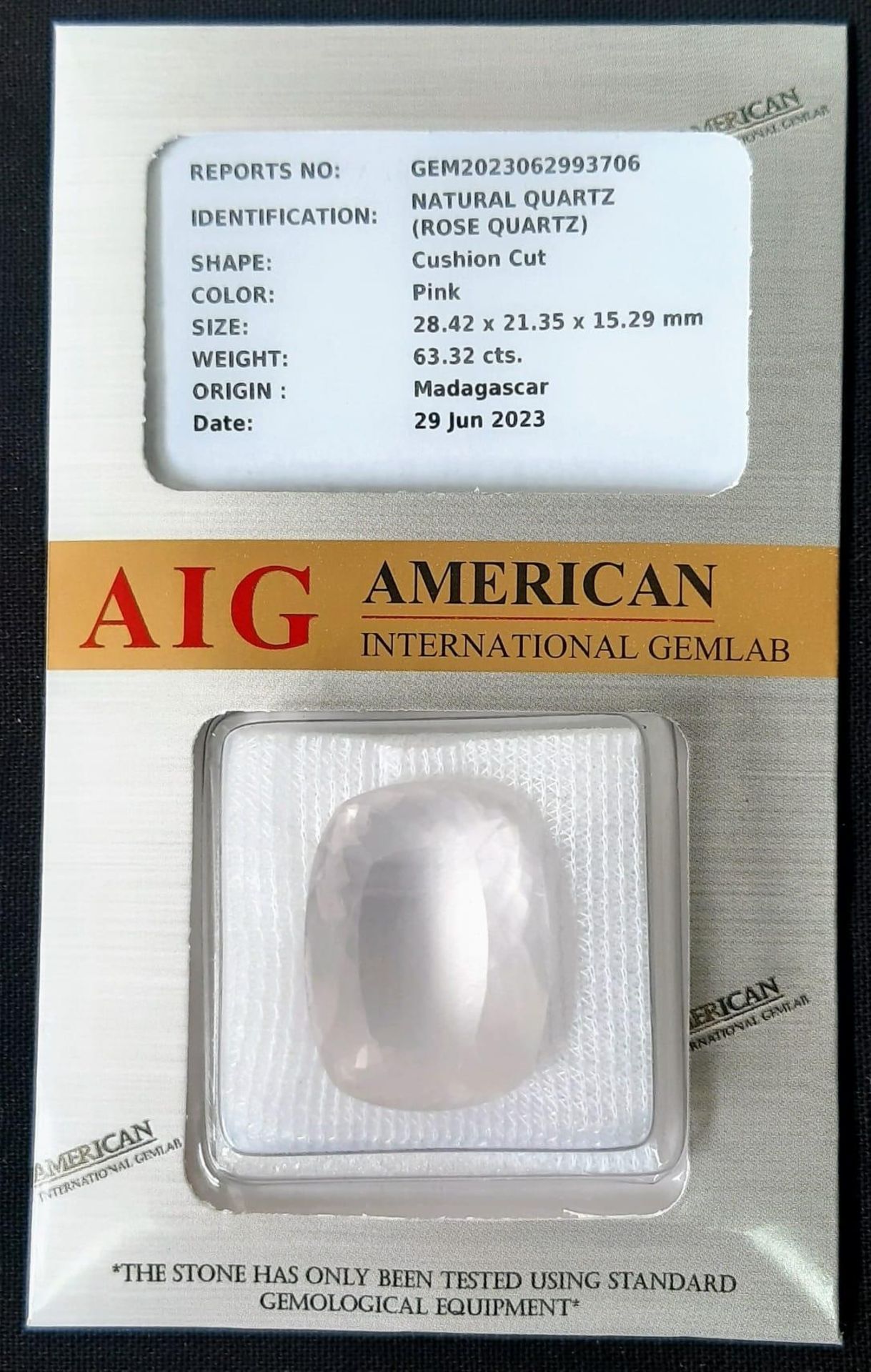 A Sealed 63.32ct Rose Quartz Gemstone, Madagascar Origin, AIG Certified