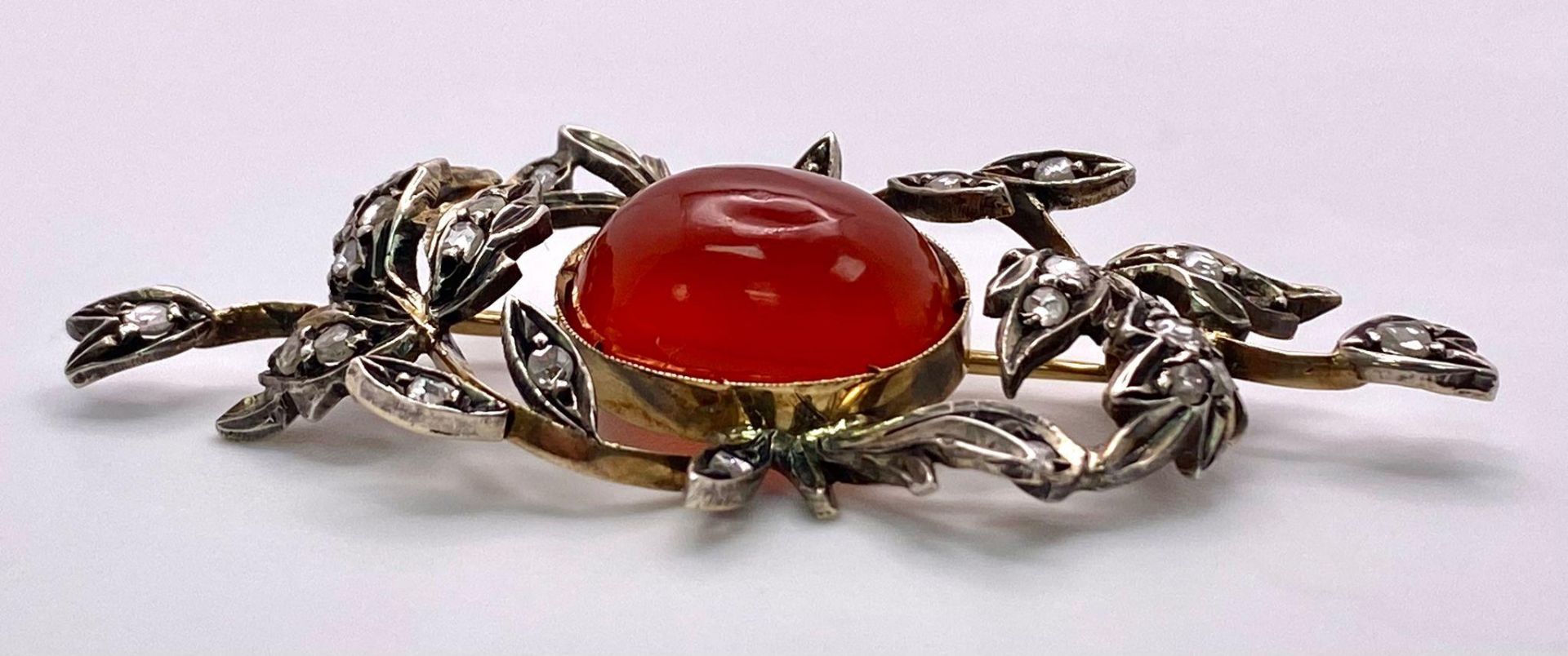 Beautiful Antique, Mid-Carat Gold Brooch with set Diamond and Carnelian Centre Stone. Measures 5cm