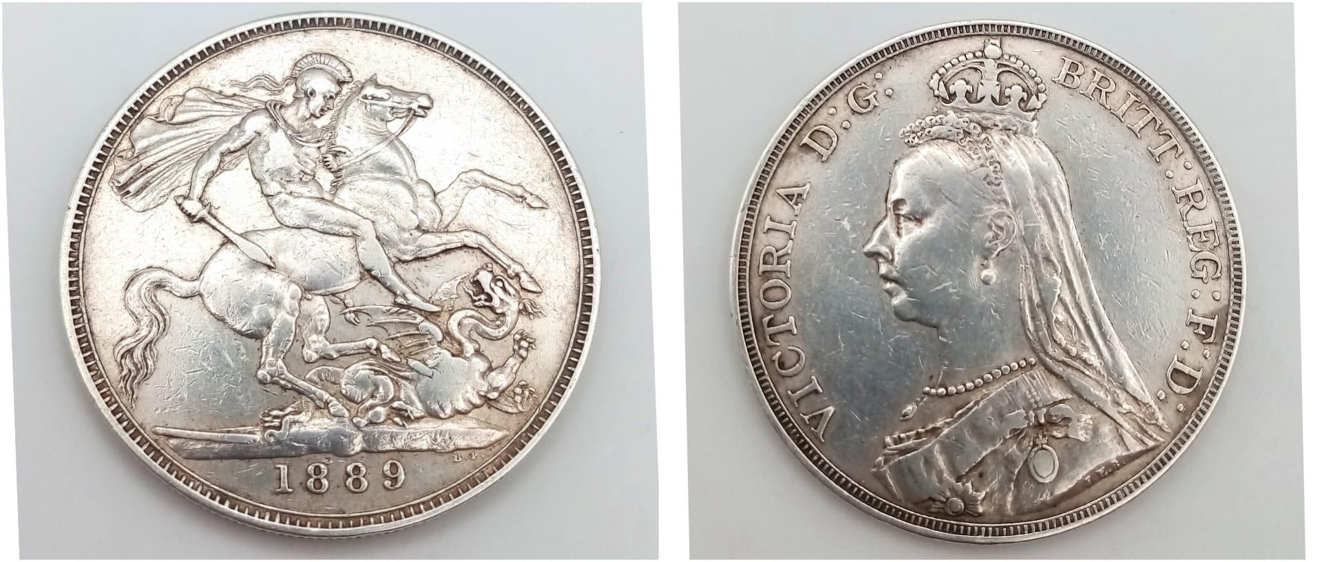 An 1889 Queen Victoria Silver Crown Coin. VF grade but please see photos.