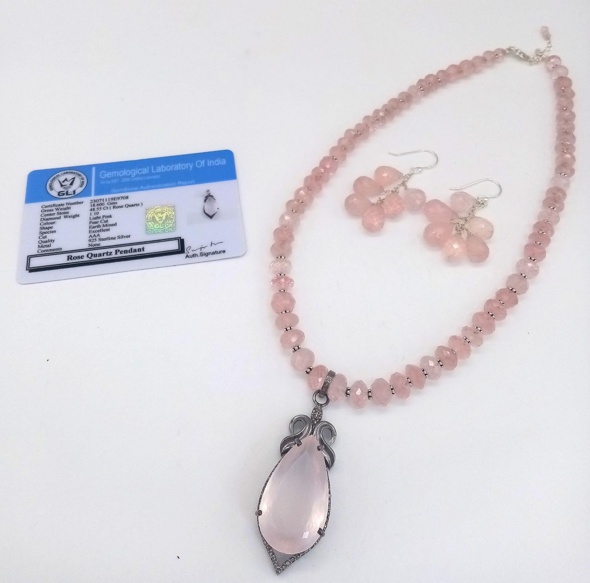 Rose Quartz Gemstone Necklace with Pendant with Diamonds on 925 Silver, The Pendant Comes with - Bild 6 aus 6